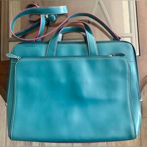 LODIS Turquoise Leather Laptop/Briefcase Bag with Pink Trim